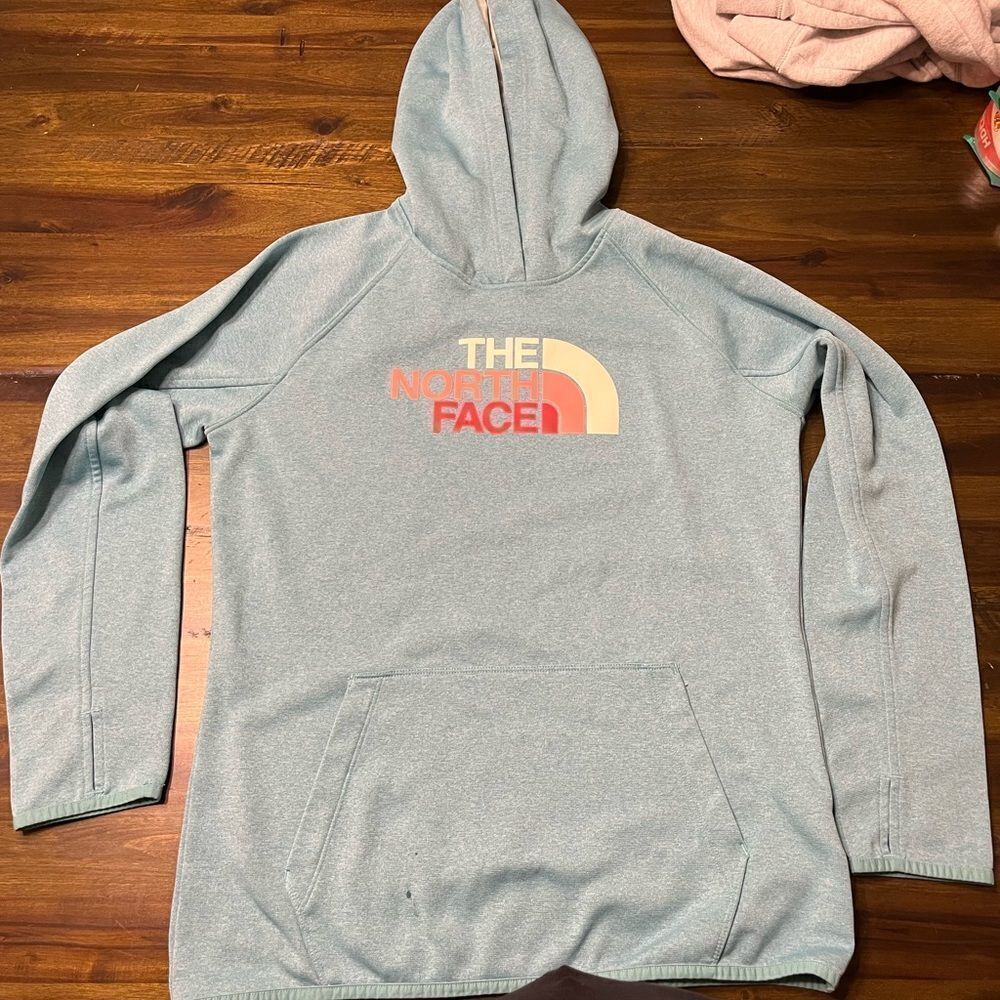 The North Face Large Logo Light Blue Hoodie Sweatshirt, Women's Size Small